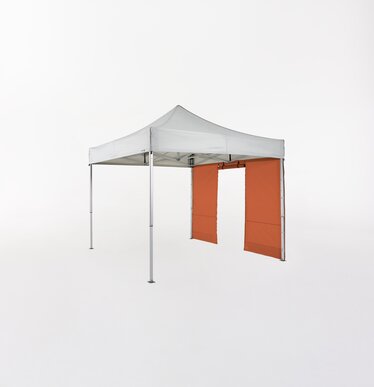 Light grey folding gazebo 3x3 m with orange side wall with door.