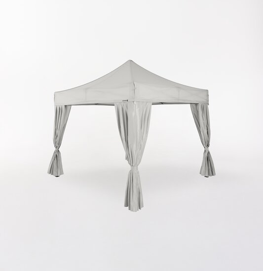 Grey Ecotent® pop-up gazebo with elegant corner curtains tied back.